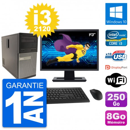 PC Tour Dell 790 MT Ecran 19" Intel i3-2120 RAM 8Go Disque 250Go Windows 10 Wifi
