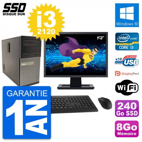 PC Tour Dell 790 MT Ecran 19" Intel i3-2120 RAM 8Go SSD 240Go Windows 10 Wifi