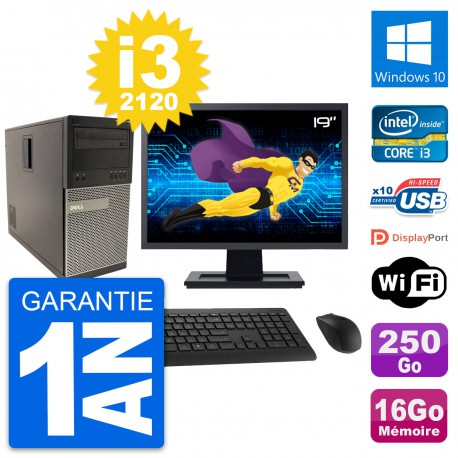PC Tour Dell 790 MT Ecran 19" Core i3-2120 RAM 16Go Disque 250Go Windows 10 Wifi