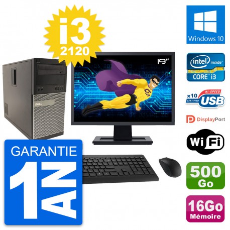 PC Tour Dell 790 MT Ecran 19" Core i3-2120 RAM 16Go Disque 500Go Windows 10 Wifi