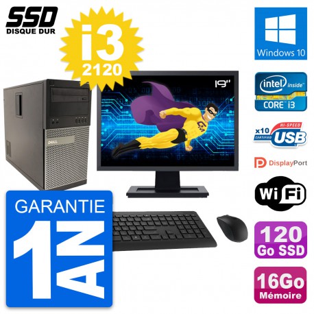 PC Tour Dell 790 MT Ecran 19" Intel i3-2120 RAM 16Go SSD 120Go Windows 10 Wifi