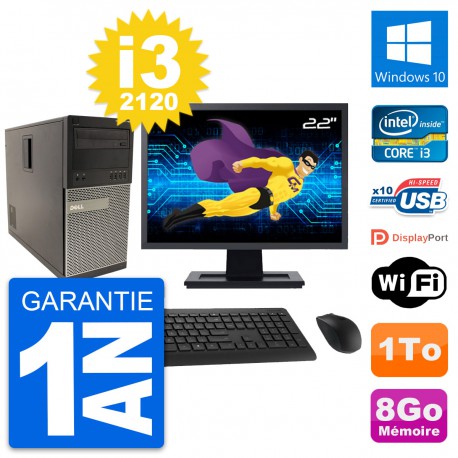 PC Tour Dell 790 MT Ecran 22" Intel i3-2120 RAM 8Go Disque 1To Windows 10 Wifi