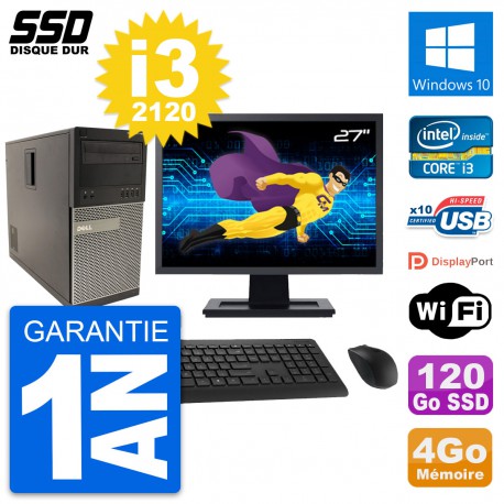 PC Tour Dell 790 MT Ecran 27" Intel i3-2120 RAM 4Go SSD 120Go Windows 10 Wifi