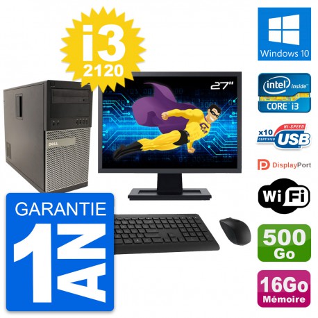 PC Tour Dell 790 MT Ecran 27" Core i3-2120 RAM 16Go Disque 500Go Windows 10 Wifi