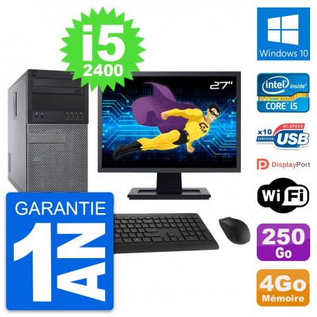 PC Tour Dell 790 MT Ecran 27" Intel i5-2400 RAM 4Go Disque 250Go Windows 10 Wifi