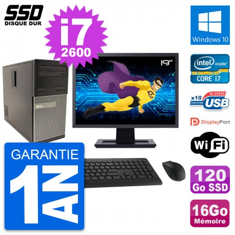 PC Tour Dell 790 MT Ecran 19" Intel i7-2600 RAM 16Go SSD 120Go Windows 10 Wifi