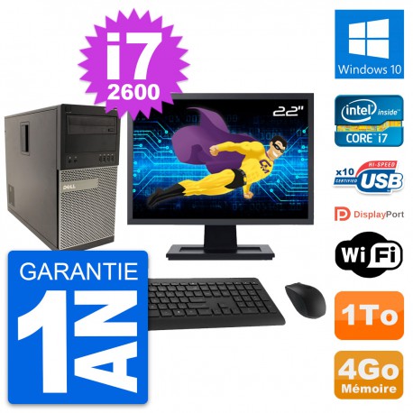 PC Tour Dell 790 MT Ecran 22" Intel i7-2600 RAM 4Go Disque 1To Windows 10 Wifi