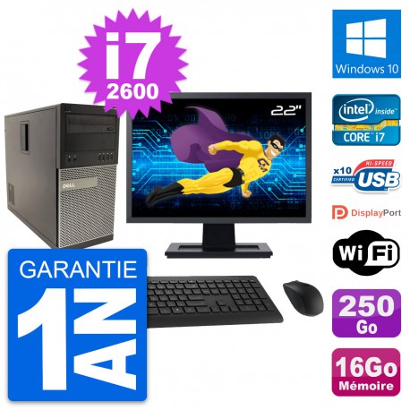 PC Tour Dell 790 MT Ecran 22" Core i7-2600 RAM 16Go Disque 250Go Windows 10 Wifi