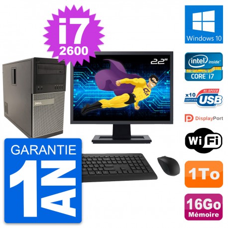 PC Tour Dell 790 MT Ecran 22" Intel i7-2600 RAM 16Go Disque 1To Windows 10 Wifi