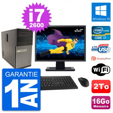 PC Tour Dell 790 MT Ecran 22" Intel i7-2600 RAM 16Go Disque 2To Windows 10 Wifi