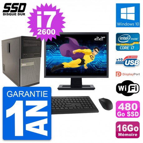 PC Tour Dell 790 MT Ecran 22" Intel i7-2600 RAM 16Go SSD 480Go Windows 10 Wifi