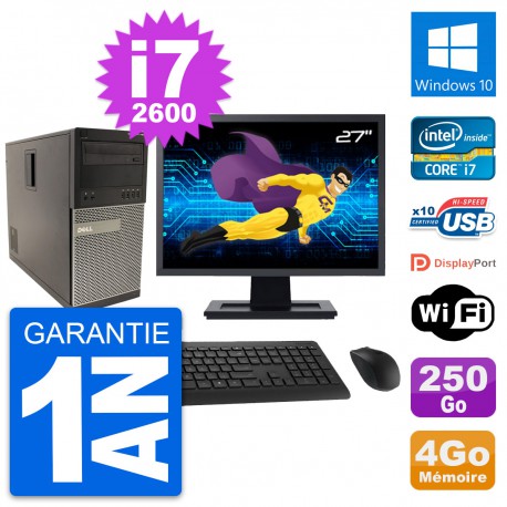 PC Tour Dell 790 MT Ecran 27" Intel i7-2600 RAM 4Go Disque 250Go Windows 10 Wifi