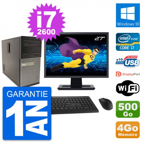 PC Tour Dell 790 MT Ecran 27" Intel i7-2600 RAM 4Go Disque 500Go Windows 10 Wifi