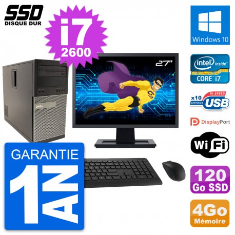 PC Tour Dell 790 MT Ecran 27" Intel i7-2600 RAM 4Go SSD 120Go Windows 10 Wifi