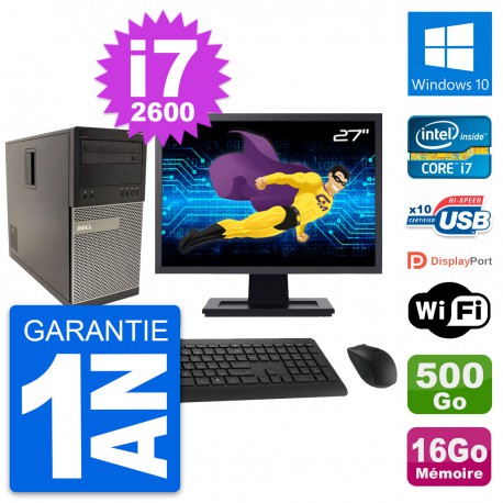 PC Tour Dell 790 MT Ecran 27" Core i7-2600 RAM 16Go Disque 500Go Windows 10 Wifi