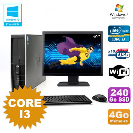 Lot PC HP Compaq 6200 Pro SFF Core i3 3.1GHz 4Go 240Go SSD DVD WIFI W7 + Ecran 19