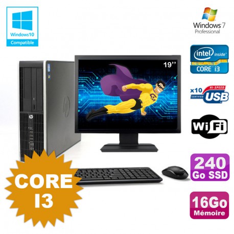 Lot PC HP Compaq 6200 Pro SFF Core i3 3.1GHz 16Go 240Go SSD DVD WIFI W7 + Ecran 19